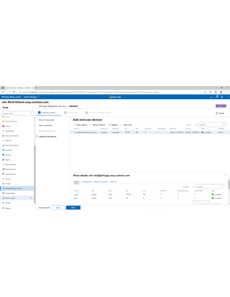 Windows Server 2019: Servicio de migración de almacenamiento: paso Inventario con búsqueda de dispositivos y recursos compart