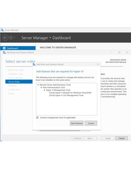 Windows Server 2016: Administrador del servidor: asistente para agregar la función Hyper-V y sus herramientas de administraci