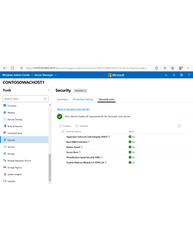 Windows Admin Center: pestaña Secured-core con HVCI, Secure Boot, VBS y TPM 2.0 activos