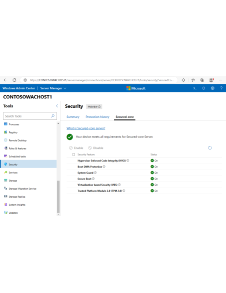 Windows Admin Center: pestaña Secured-core con HVCI, Secure Boot, VBS y TPM 2.0 activos