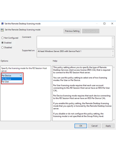 Windows Server 2025 Remote Desktop Services (RDS) - 50 Devices CAL: Directiva de grupo del modo de licencias de Escritorio re
