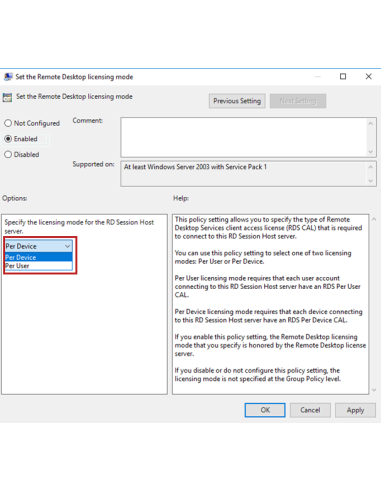 Windows Server 2022 Remote Desktop Services (RDS) - 50 Devices CAL: Directiva de grupo del modo de licencias de Escritorio re