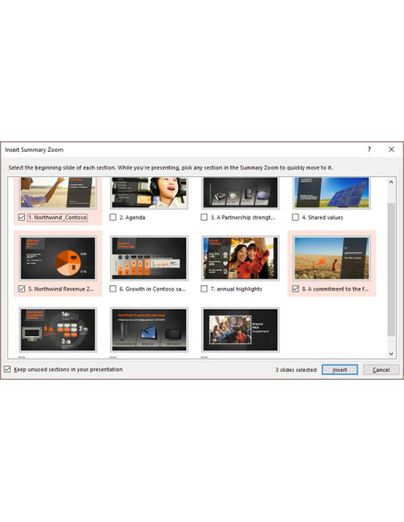 Office 2019 Profesional - 5 Dispositivos: Cuadro Insertar zoom de resumen de PowerPoint para elegir las secciones a las que s