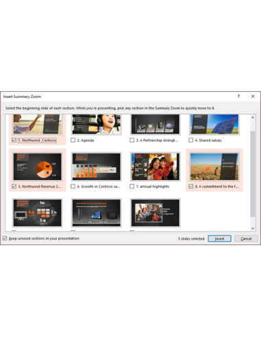 Office 2019 Professional Plus - Reinstalable: Cuadro Insertar zoom de resumen de PowerPoint para elegir las secciones a las q