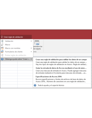Microsoft Access 2019: Access: cuadro ¿Qué desea hacer? de la cinta mostrando comandos y ayuda para crear una regla de valida