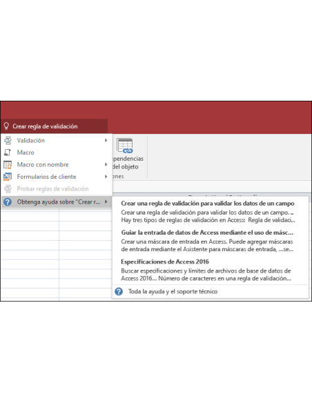 Microsoft Access 2019: Access: cuadro ¿Qué desea hacer? de la cinta mostrando comandos y ayuda para crear una regla de valida