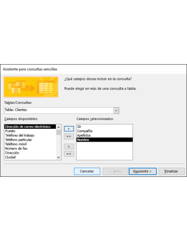 Microsoft Access 2016: Asistente para consultas sencillas de Access: elegir campos de la tabla Clientes para la consulta