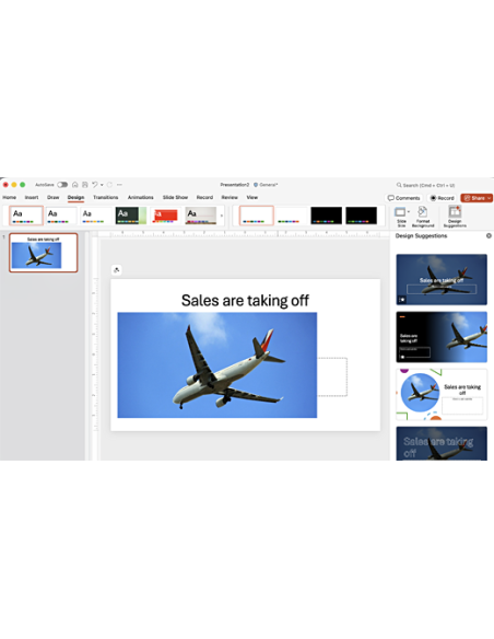 Office 365 Pro Plus | MAC: PowerPoint para Mac con el panel Sugerencias de diseño de Designer junto a una diapositiva
