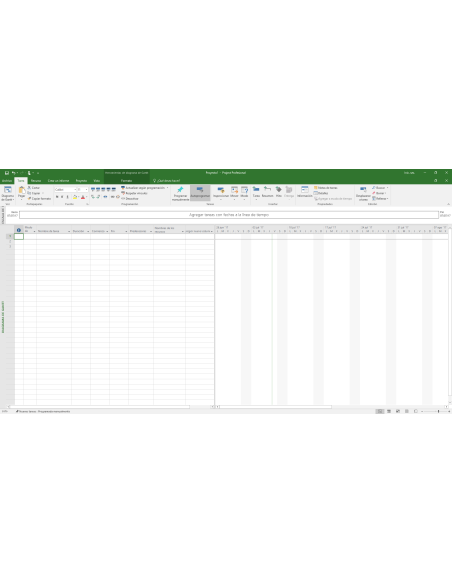 Ventana de Project Profesional 2016 en español con diagrama de Gantt y línea de tiempo