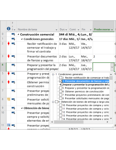 Lista desplegable de la columna Predecesoras para vincular tareas por nombre en Project 2019