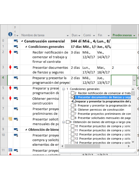 Lista desplegable de la columna Predecesoras para vincular tareas por nombre en Project 2019