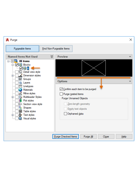 AutoCAD 2020: cuadro Purgar rediseñado con elementos purgables, vista previa y opciones