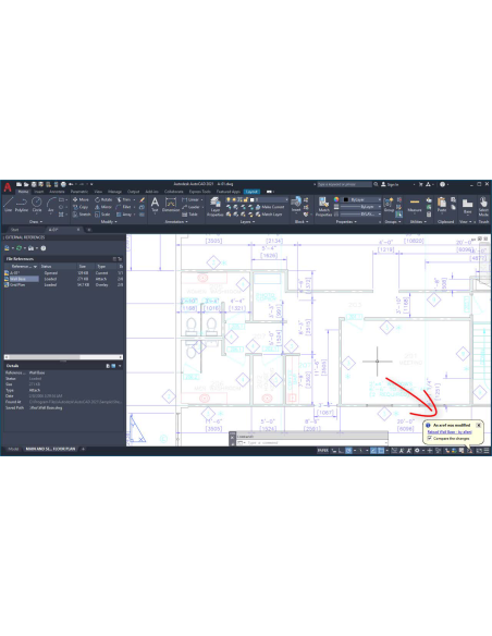 AutoCAD 2021: paleta Referencias externas y aviso de xref modificada con la opción Comparar los cambios