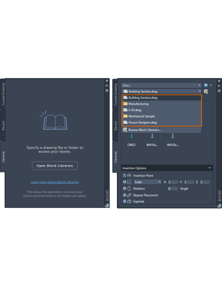 AutoCAD 2021: paleta Bloques con la pestaña Bibliotecas y el selector de archivos y carpetas de bloques