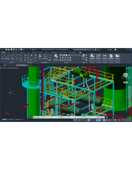 AutoCAD 2022: modelo 3D de una planta de tuberías con la cinta de opciones y el cubo de vista