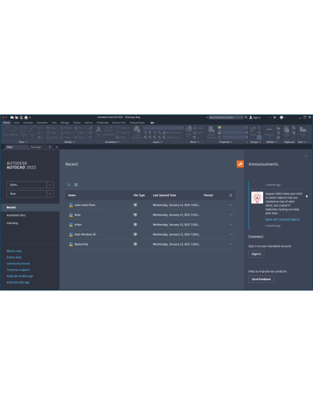 AutoCAD 2022: pestaña Inicio rediseñada con archivos recientes, Autodesk Docs y accesos de aprendizaje