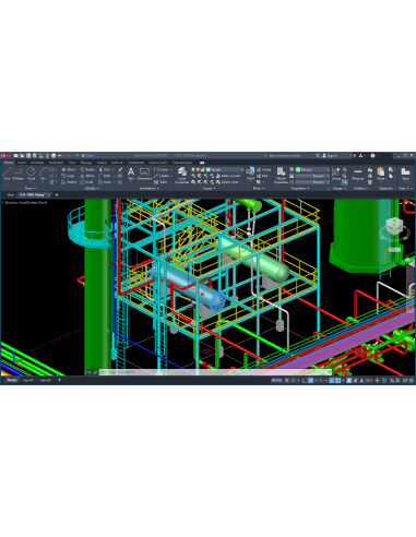 AutoCAD 2023: modelo 3D de tuberías y estructura con cinta de opciones y cubo de vista