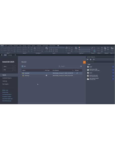AutoCAD 2025: pestaña Inicio con archivos recientes y paleta Activity Insights