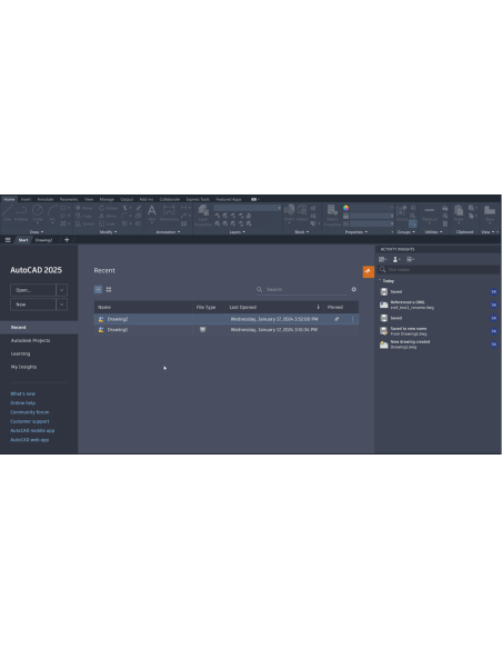 AutoCAD 2025: pestaña Inicio con archivos recientes y paleta Activity Insights