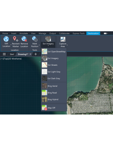 AutoCAD 2025: pestaña Geolocalización con mapas Esri y Bing en el selector de mapa base