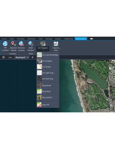 AutoCAD LT 2025: pestaña Geolocalización con el selector de mapas Esri y Bing