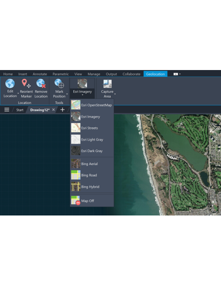 AutoCAD LT 2025: pestaña Geolocalización con el selector de mapas Esri y Bing
