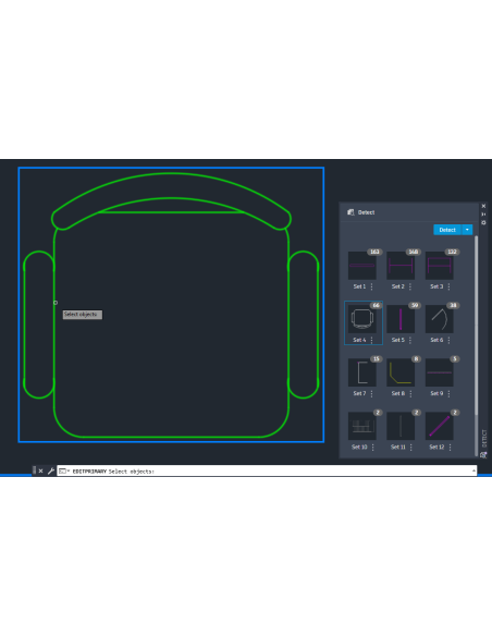 AutoCAD 2026: comando EDITPRIMARY sobre una silla detectada, con la paleta Detect de conjuntos