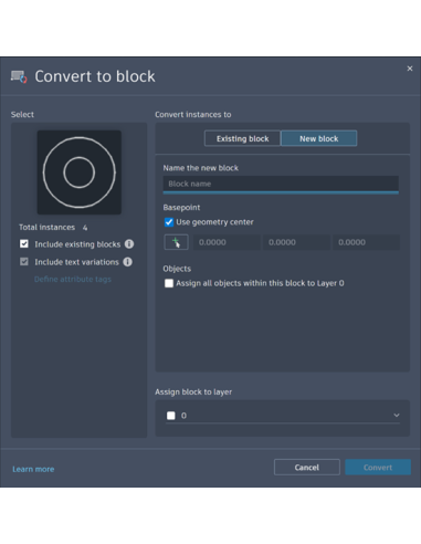 AutoCAD LT 2026: cuadro Convertir a bloque de Smart Blocks con instancias detectadas y opciones de punto base