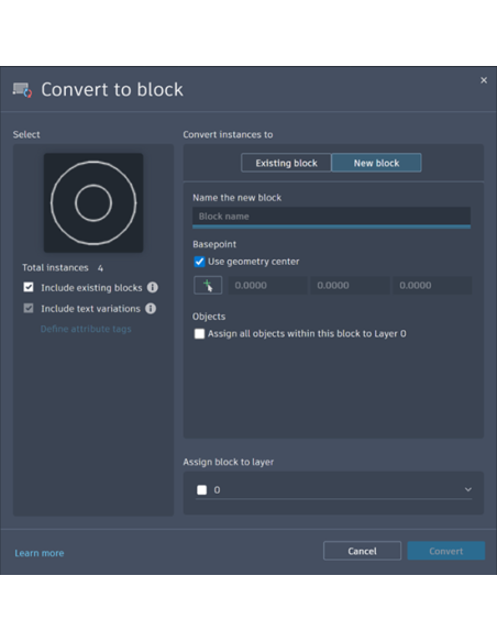 AutoCAD LT 2026: cuadro Convertir a bloque de Smart Blocks con instancias detectadas y opciones de punto base