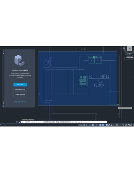 AutoCAD 2027: comando CHECKOUT para reservar una zona de la cocina desde la paleta Trace