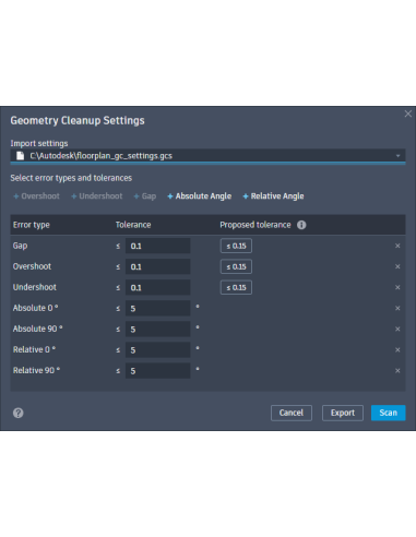 AutoCAD 2027: cuadro Ajustes de Geometry Cleanup con tolerancias de huecos, excesos y ángulos