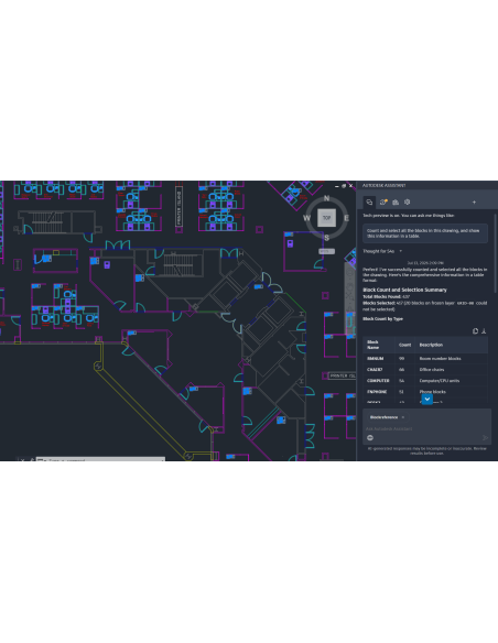 AutoCAD 2027: Autodesk Assistant cuenta y selecciona bloques de un plano y muestra una tabla de resultados