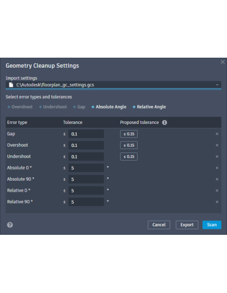 AutoCAD 2027: cuadro Ajustes de Geometry Cleanup con tolerancias de huecos, excesos y ángulos