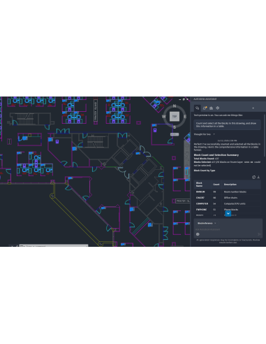 AutoCAD 2027: Autodesk Assistant cuenta y selecciona bloques de un plano y muestra una tabla de resultados