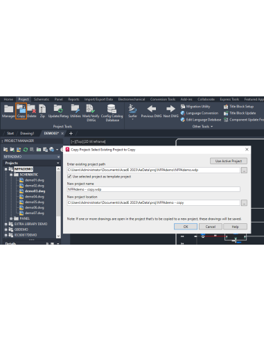 AutoCAD Electrical 2023: cuadro Copiar proyecto con la opción de usar el proyecto como plantilla