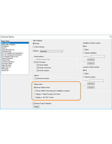 AutoCAD Electrical 2025: informe esquemático de lista de materiales con opciones de formato por TAG
