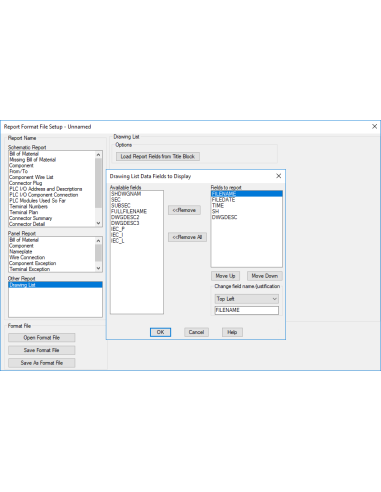 AutoCAD Electrical 2025: configuración del informe Lista de dibujos con los campos a mostrar