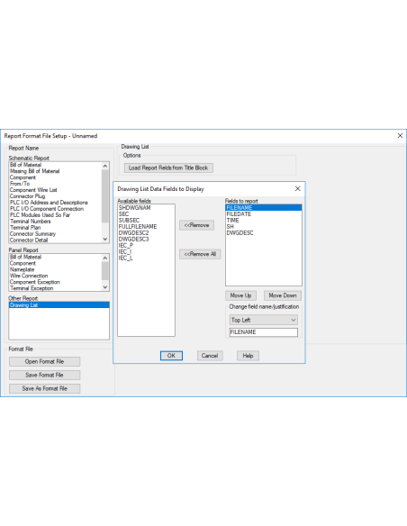 AutoCAD Electrical 2025: configuración del informe Lista de dibujos con los campos a mostrar