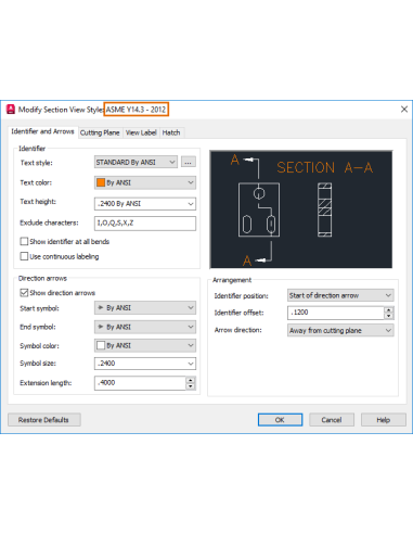 AutoCAD Mechanical 2024: cuadro Modificar estilo de vista de sección con la revisión ASME Y14.3-2012