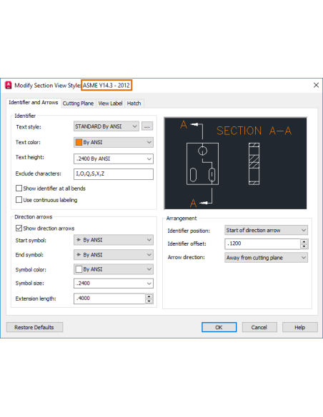 AutoCAD Mechanical 2024: cuadro Modificar estilo de vista de sección con la revisión ASME Y14.3-2012
