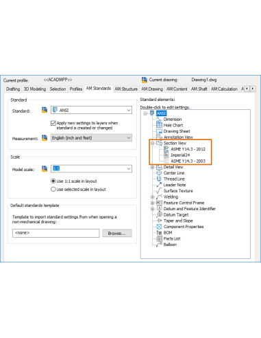 AutoCAD Mechanical 2024: pestaña AM:Standards de Opciones con el árbol de normas y la vista de sección