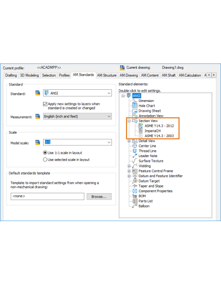 AutoCAD Mechanical 2024: pestaña AM:Standards de Opciones con el árbol de normas y la vista de sección