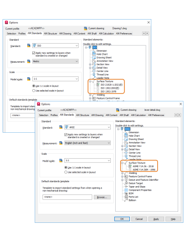 AutoCAD Mechanical 2025: pestaña AM:Standards con las revisiones de textura de superficie ISO y ASME