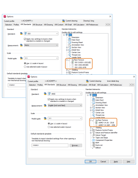AutoCAD Mechanical 2025: pestaña AM:Standards con las revisiones de textura de superficie ISO y ASME