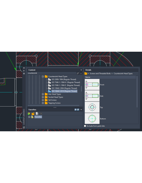 AutoCAD Mechanical 2025: paleta Content Libraries con tornillos de cabeza avellanada ISO y sus vistas