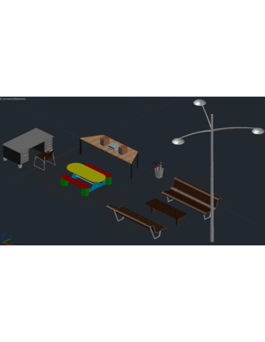 AutoCAD Architecture 2022: mobiliario 3D de contenido Revit (escritorio, mesas y bancos) en vista isométrica