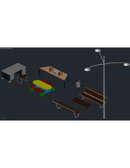 AutoCAD Architecture 2022: mobiliario 3D de contenido Revit (escritorio, mesas y bancos) en vista isométrica