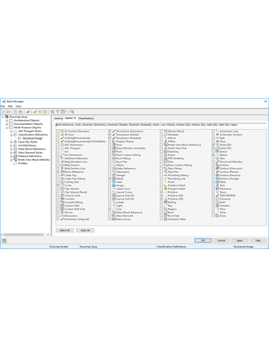 AutoCAD Architecture 2023: Administrador de estilos con definiciones de clasificación y objetos asociados