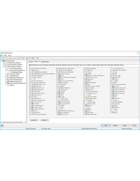 AutoCAD Architecture 2023: Administrador de estilos con definiciones de clasificación y objetos asociados