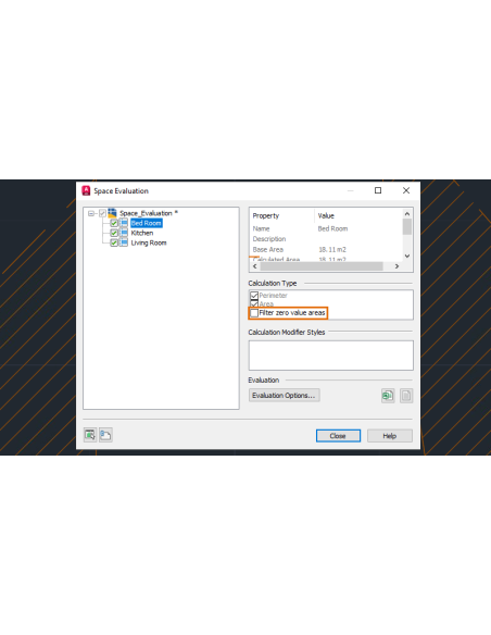 AutoCAD Architecture 2023: cuadro Evaluación de espacios con la opción Filtrar áreas de valor cero